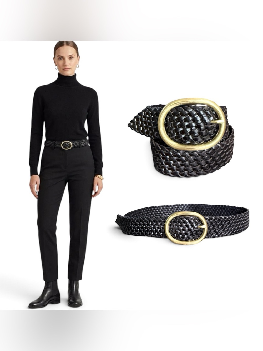 Talbots Vintage 90s Y2K Black Braided Leather Waist Belt Size S Gold Buckle EUC